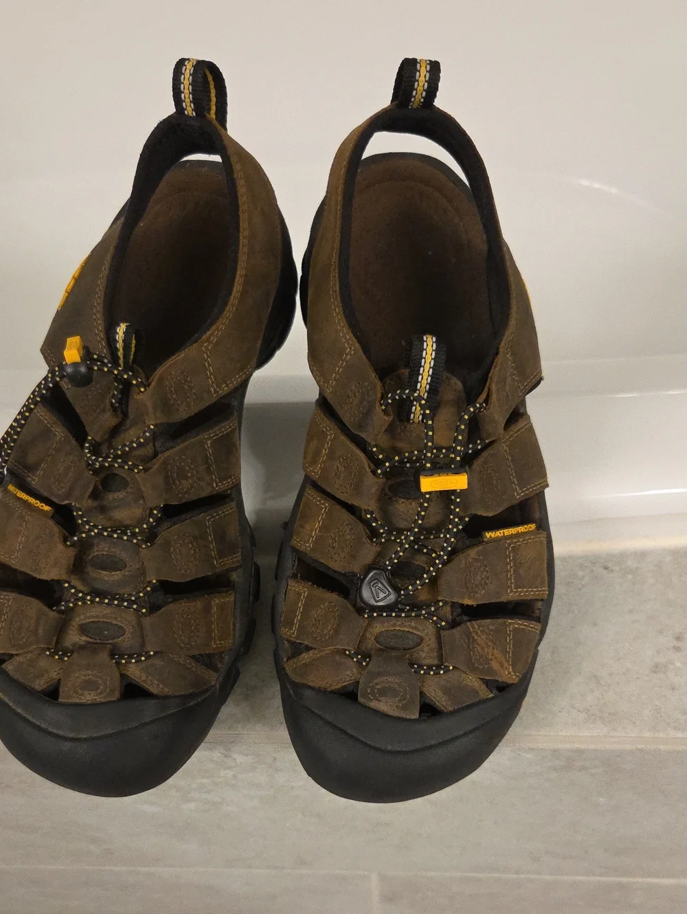Keen Men's Brown and Black Outdoor Waterproof Sandals with Yellow Accents